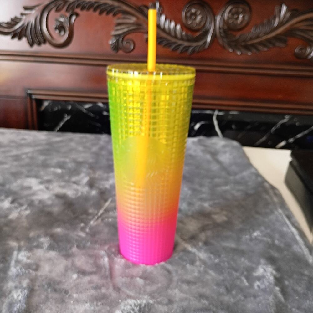 STARBUCKS Lemon Yellow Pink Gradient Ombre Grid Venti Tumbler 24 oz (2022)